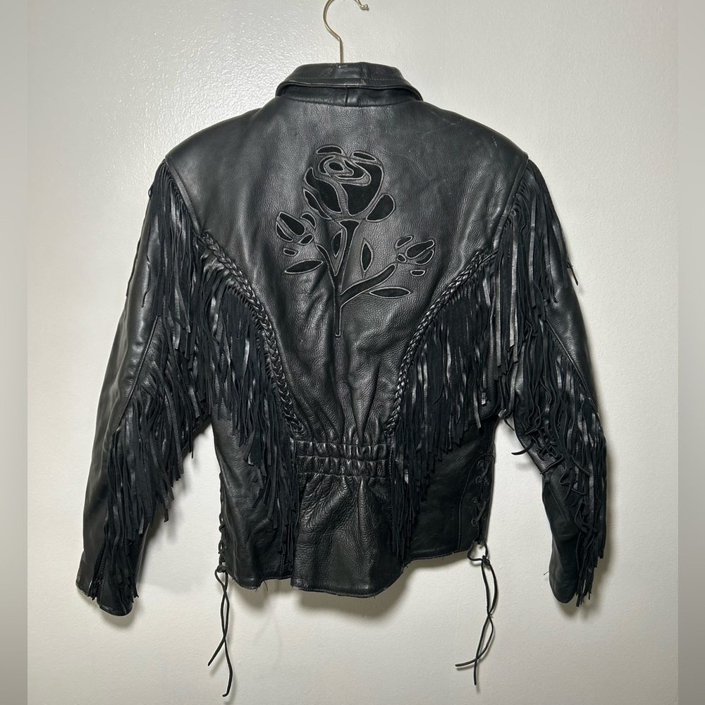 Vintage Shaf Leather fringe motorcycle jacket with rose design.